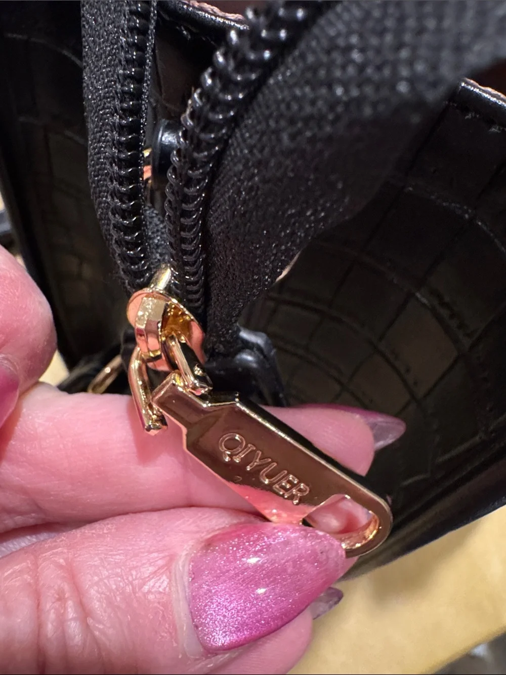 Croc-Embossed Black and Burgundy Satchel with Gold Accent Matching Billfold